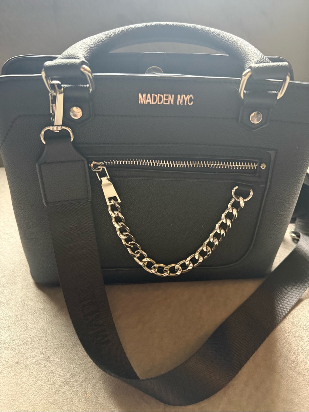 Madden NYC Black Structured Satchel Handbag Over the Shoulder with Chain Detail